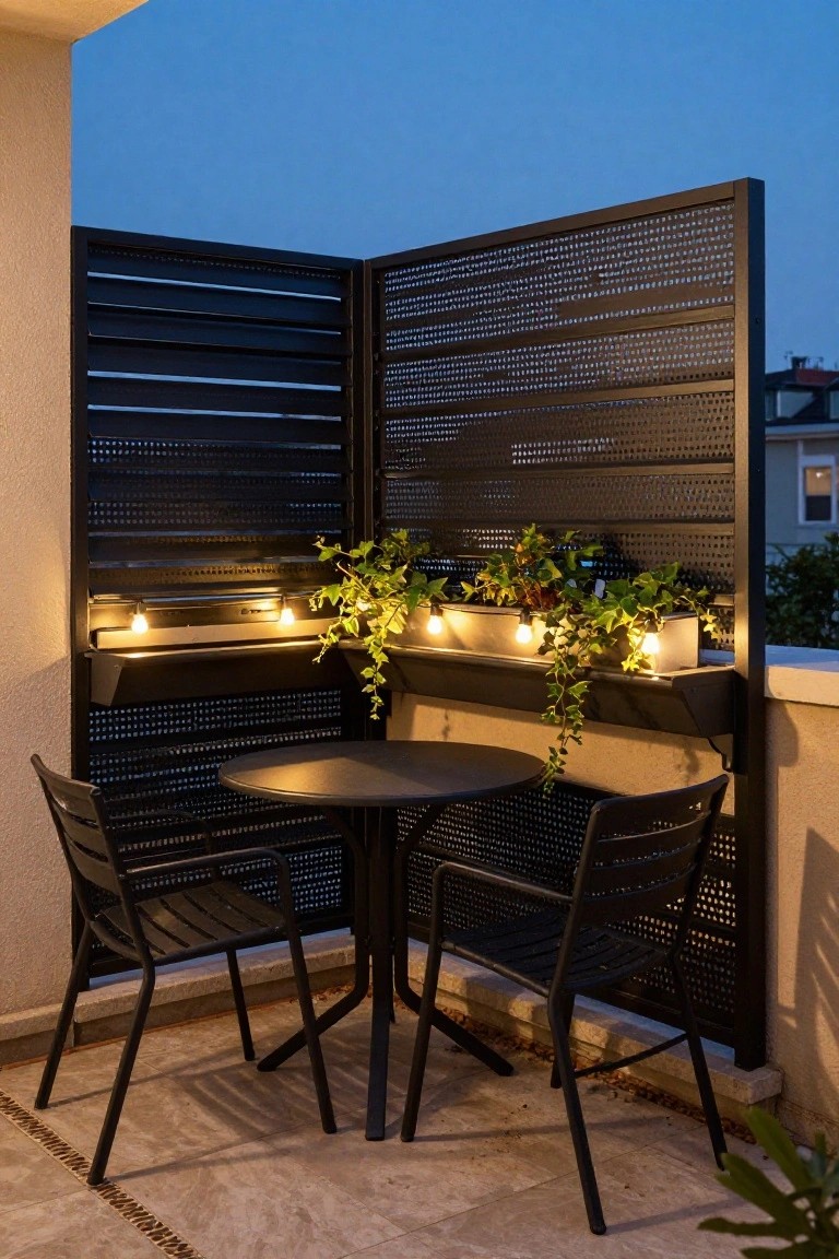 Balcony corner with tall black slatted and perforated metal privacy screens, ivy plants in wall-mounted troughs with string lights, small round black table, and two black wire chairs on tiled floor at dusk.