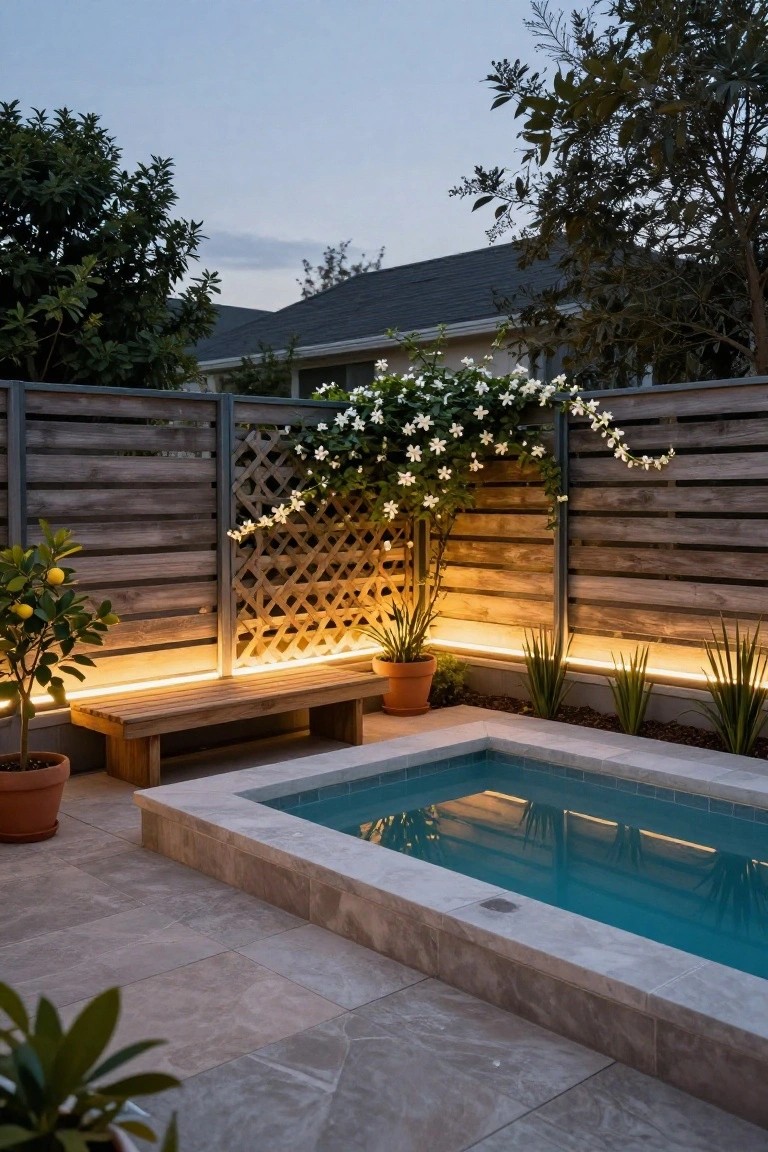 Small turquoise plunge pool in a backyard enclosed by gray-toned wooden horizontal slat fence with a lattice section covered in white flowering vines, wooden bench with underlighting, potted plants, and light gray stone pavers at dusk.