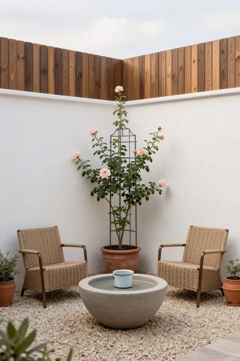 Outdoor courtyard seating area enclosed by tall vertical wooden slat fences and white walls, featuring a climbing rose on a black metal trellis, two rattan armchairs, a large concrete bowl table with an enamel bucket, potted plants, and gravel ground.