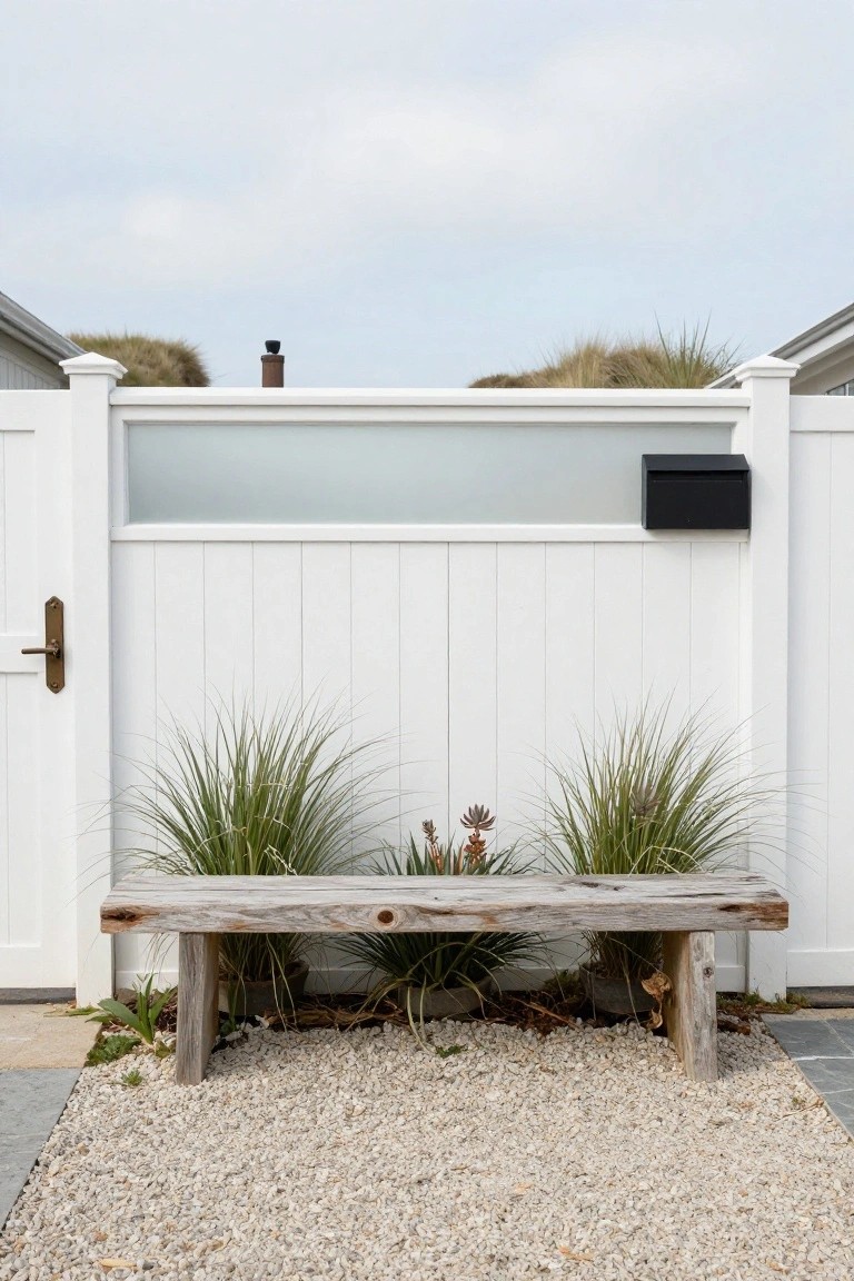 White vertical board fence gate with frosted glass upper panel and black mailbox, flanked by dune grasses and a weathered wooden bench on gravel ground between two houses.