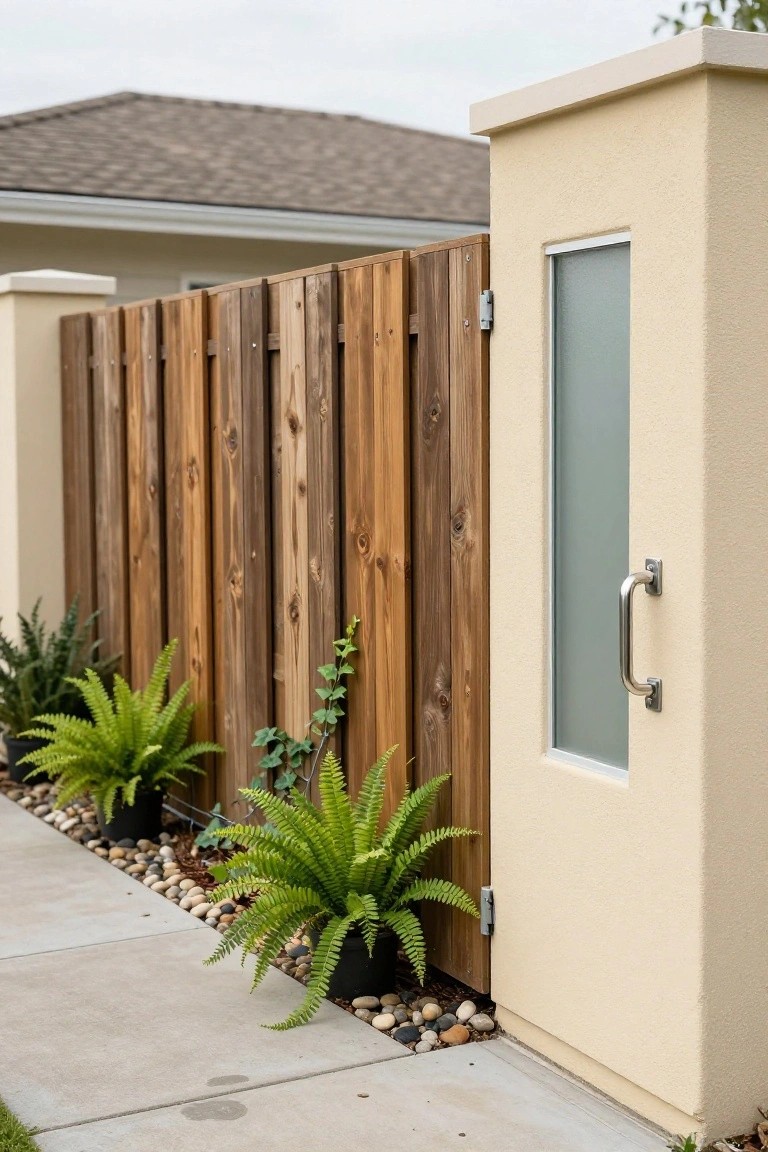 Wooden vertical slat privacy fence attached to a beige stucco pillar with frosted glass window, metal handle, potted ferns, ivy, and pebble mulch along a concrete sidewalk path.