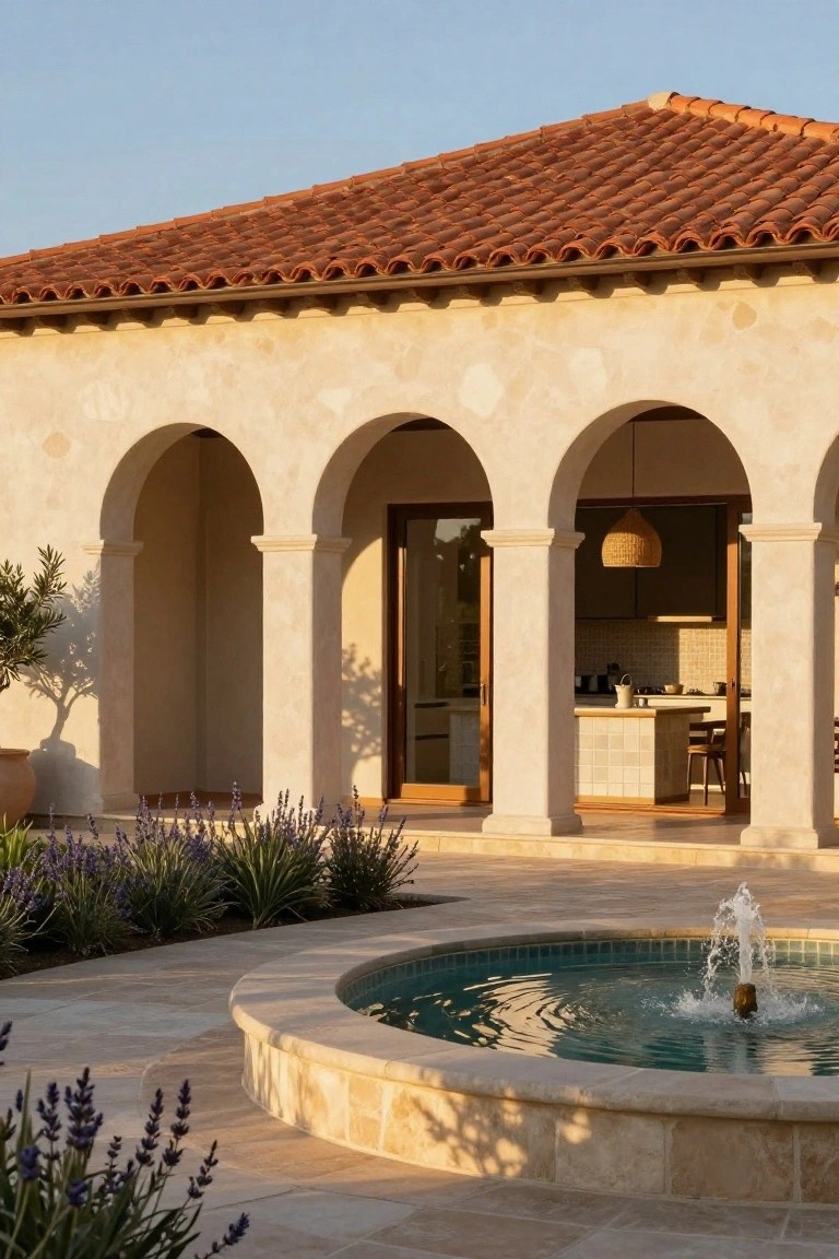 Stucco house exterior with red tile roof and three arched openings, center with open glass doors showing kitchen island, stone patio with circular fountain and lavender plants in front.
