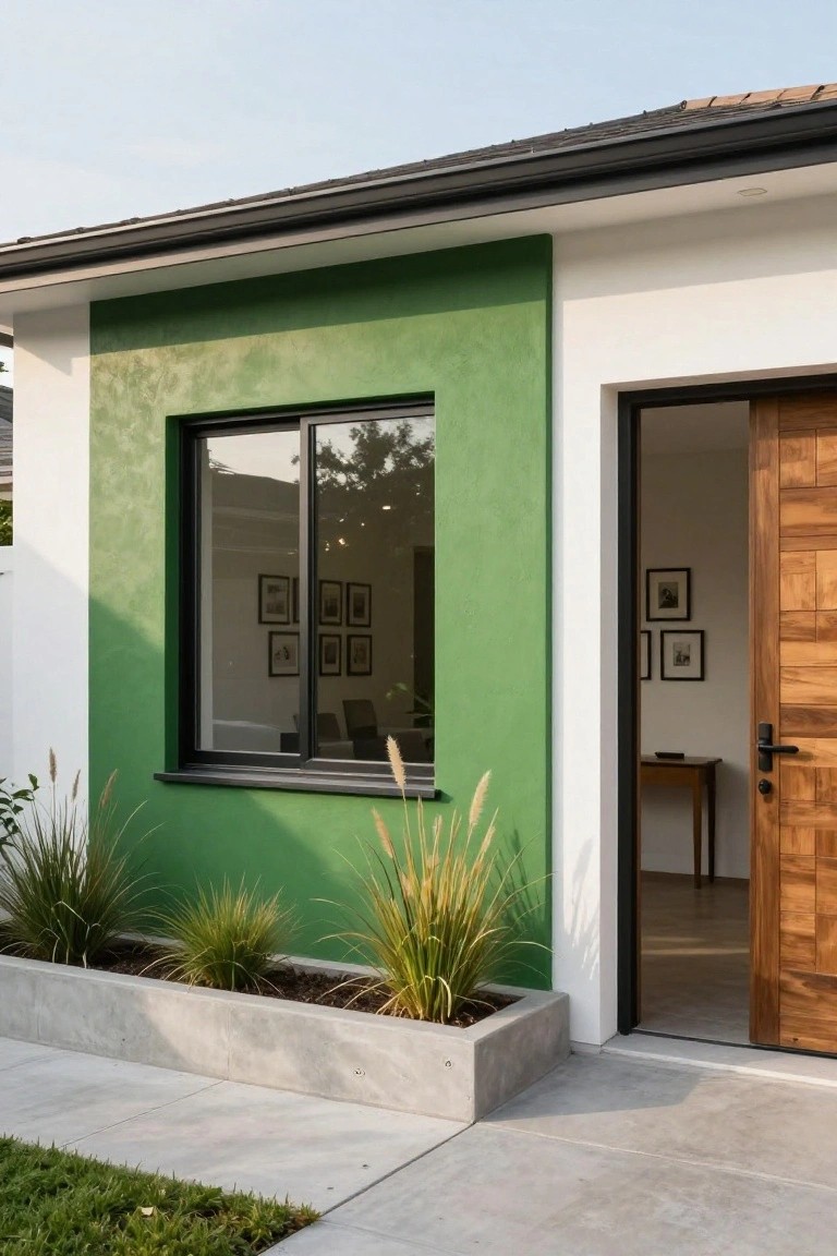 Modern house exterior with a textured green accent wall featuring a large black-framed sliding glass window, wooden entry door ajar, potted grasses in a concrete planter box, and concrete pathway.