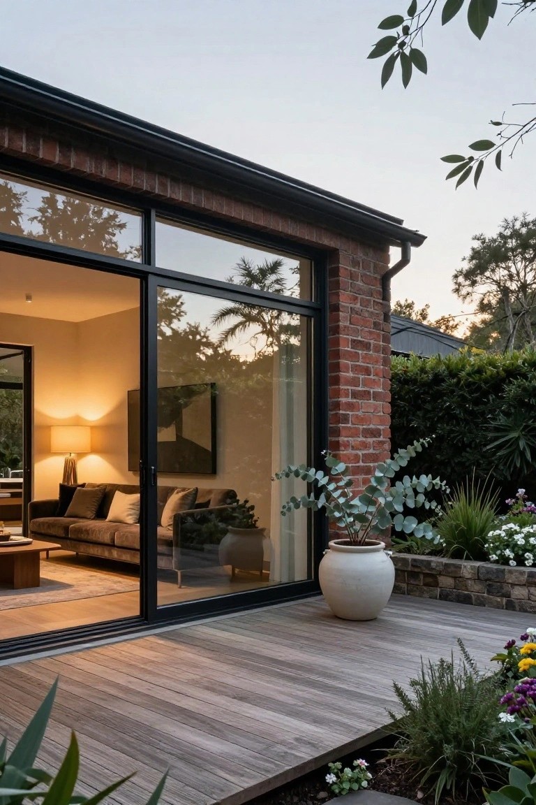Brick house exterior wall with tall black-framed sliding glass doors open to a wooden deck, adjacent potted plants, and garden beds under evening light.