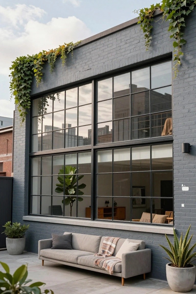 Gray brick house exterior with large black-framed grid windows, climbing ivy on the walls, indoor plants and furniture visible through the glass, potted plants outside, and a gray sofa on a concrete patio.