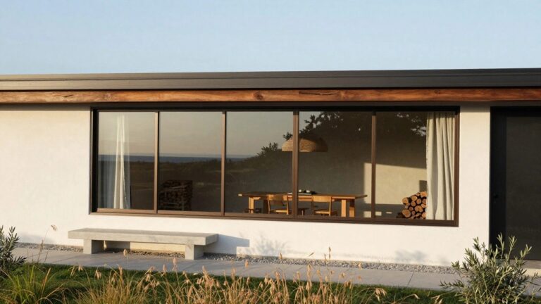 Modern white house exterior with large black-framed floor-to-ceiling glass window and door showing indoor wooden dining table and chairs, rattan pendant light, log stack, sheer curtain, wooden bench on concrete patio, gravel ground cover, and drought-tolerant plants.