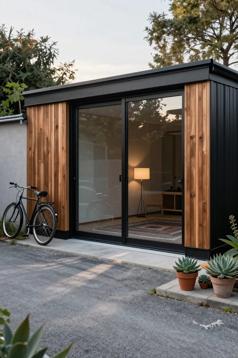 Modern rectangular backyard pod with black corrugated metal siding, vertical wood cladding, and large floor-to-ceiling sliding glass doors, bicycle leaned against the side, potted succulents on a concrete pad, trees and plants in the background.