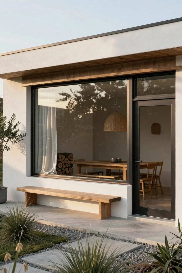 Modern white house exterior with large black-framed floor-to-ceiling glass window and door showing indoor wooden dining table and chairs, rattan pendant light, log stack, sheer curtain, wooden bench on concrete patio, gravel ground cover, and drought-tolerant plants.