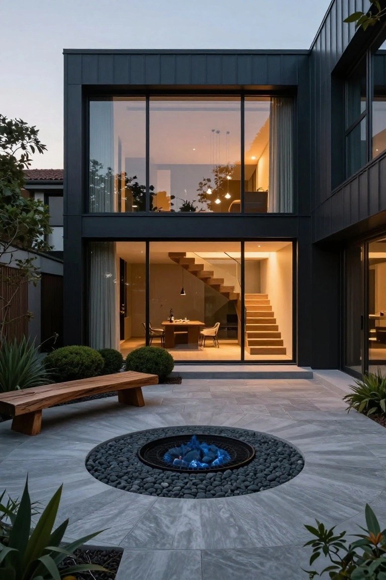Modern two-story house with black vertical cladding and large floor-to-ceiling glass windows on the rear facade overlooking a circular paved courtyard with central gas fire pit, wooden bench, boxwood shrubs, and agave plants at dusk.