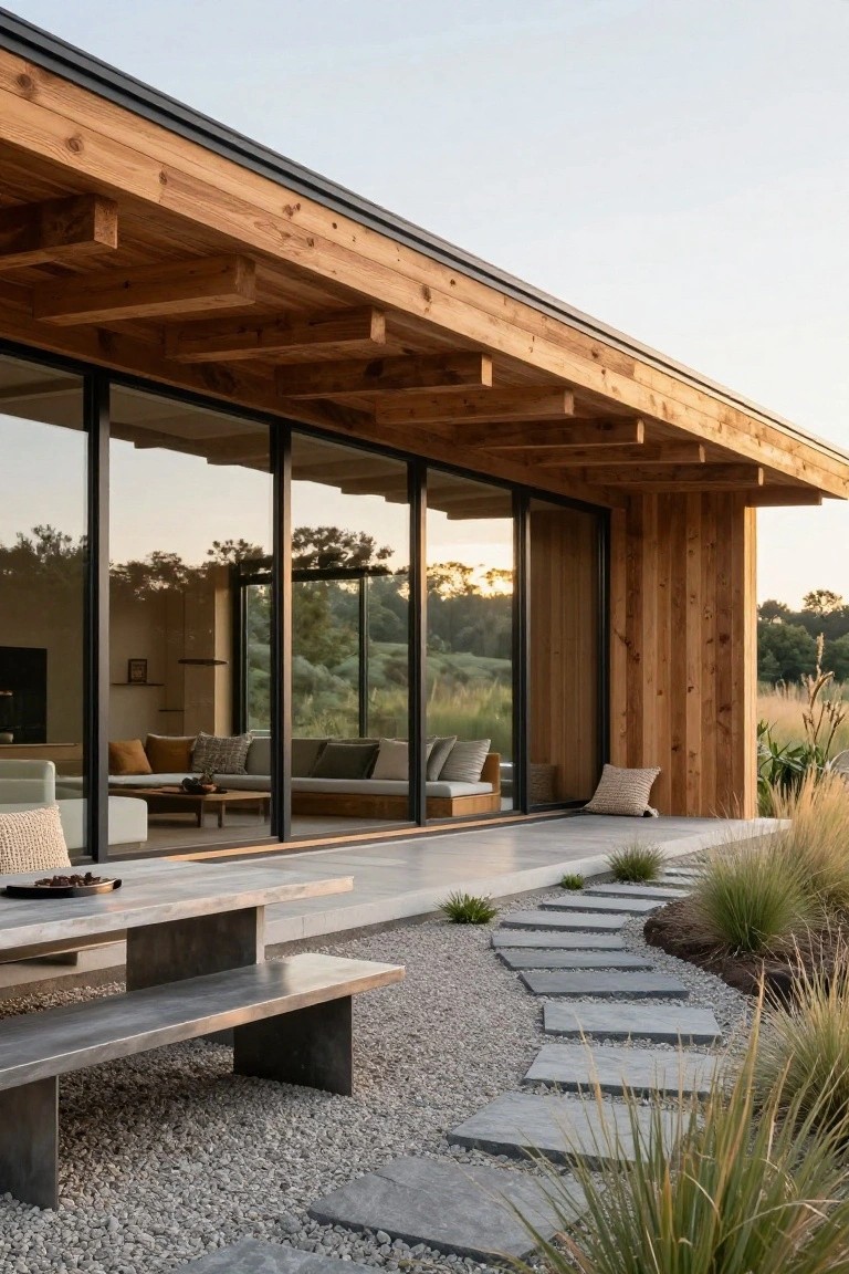 Side exterior of a modern wood-clad house with floor-to-ceiling sliding glass doors opening onto a concrete deck, gravel yard with stone path, and tall grasses at dusk.