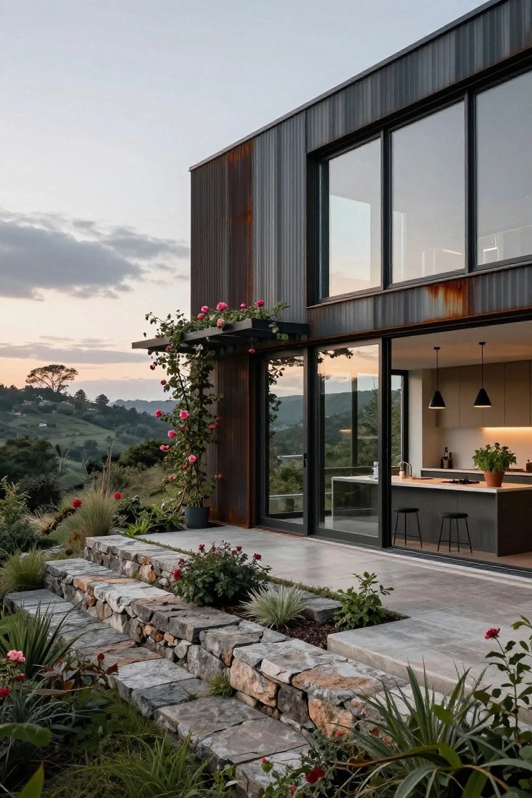 Modern house exterior featuring dark rusted metal cladding, large floor-to-ceiling glass sliding doors from a kitchen area to a tiled terrace with stone steps, surrounded by landscaping and overlooking a rural valley at dusk.