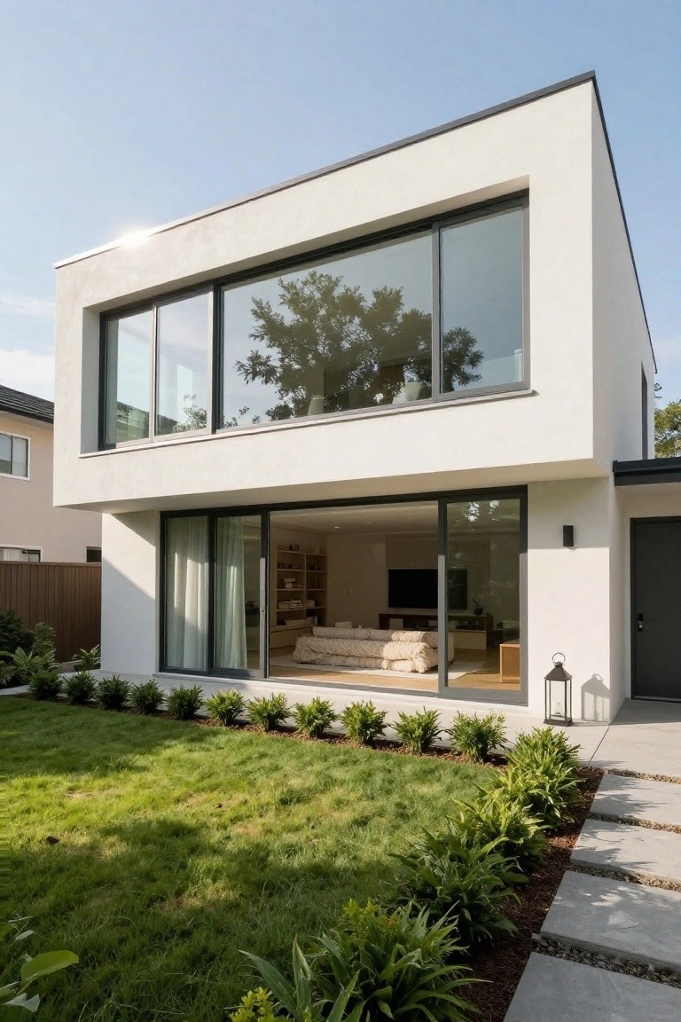 Modern white two-story house exterior with large black-framed floor-to-ceiling glass windows and sliding doors partially open to reveal an interior living room, fronted by green lawn, shrubs, and a concrete pathway.