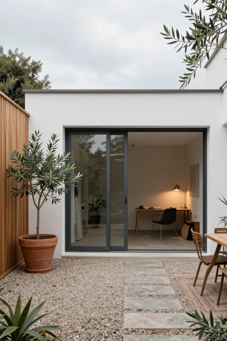 White modern structure with large open black-framed sliding glass doors revealing interior office with wooden desk, black chair, lamp, and plants, adjacent to gravel patio featuring terracotta-potted olive tree, stone step path, wooden dining table and chairs, and agave plants.