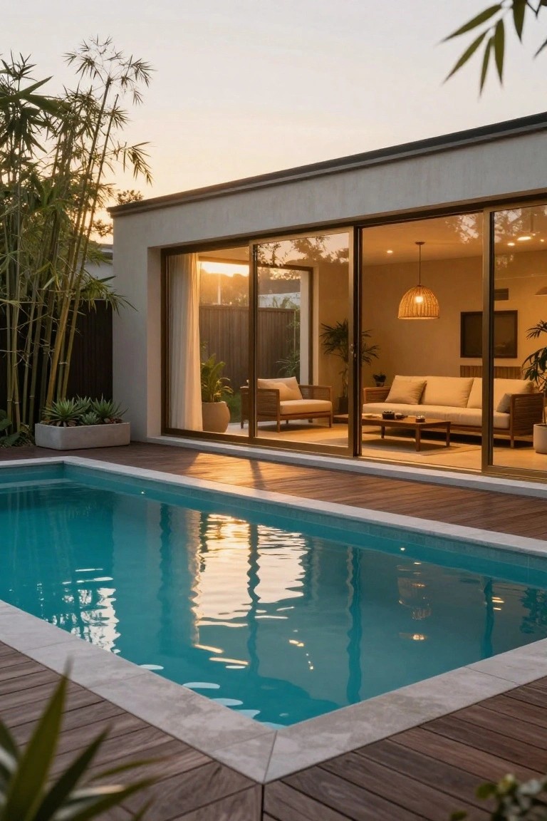 Modern house with large sliding glass doors from living room to infinity-edge pool on wooden deck, surrounded by bamboo plants and potted succulents at sunset.