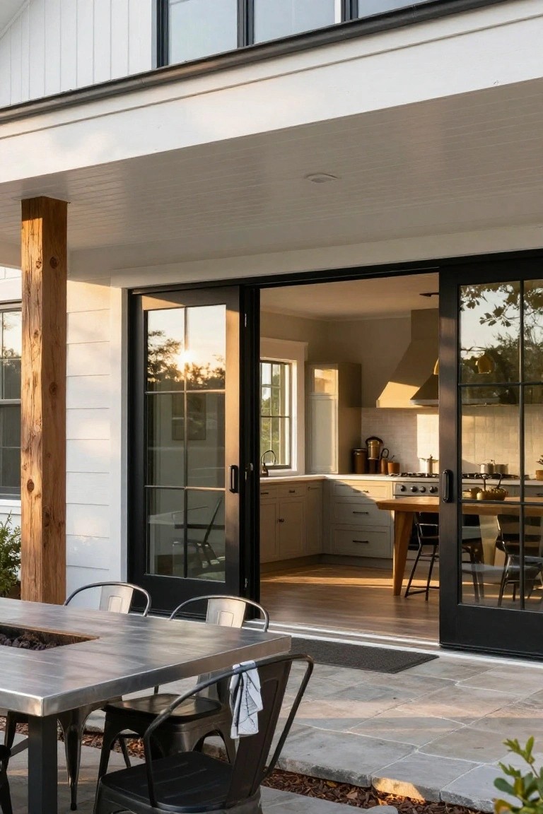 Covered porch with metal fire pit table and chairs outside black-framed sliding glass doors open to a beige kitchen in a white board-and-batten house.