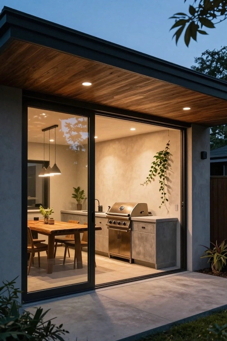 Modern outdoor kitchen with stainless steel grill, concrete counters, and pendant lights under a wooden ceiling, connected via fully open black-framed sliding glass doors to an indoor wooden dining table on tiled floor, at dusk with plants around.