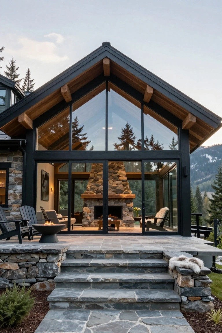 Modern cabin exterior featuring a large triangular floor-to-ceiling glass wall with black frames and exposed wood beams, stone fireplace visible inside, sliding glass doors opening to a slate-tiled deck with Adirondack chairs, fire pit, and mountain backdrop.