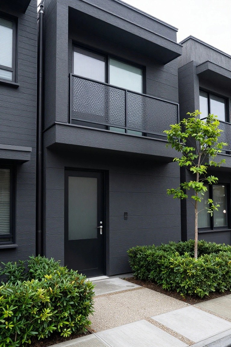 Modern two-story townhouse exterior with black textured cladding, frosted glass entry door, metal mesh balcony railing, small tree, boxwood shrubs, and pebble pathway.