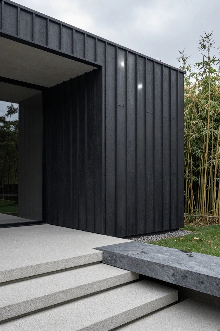 Modern house exterior with black vertical timber cladding, large glass entry door under a concrete overhang, pale concrete steps, a dark stone bench, bamboo plants, and grass nearby.