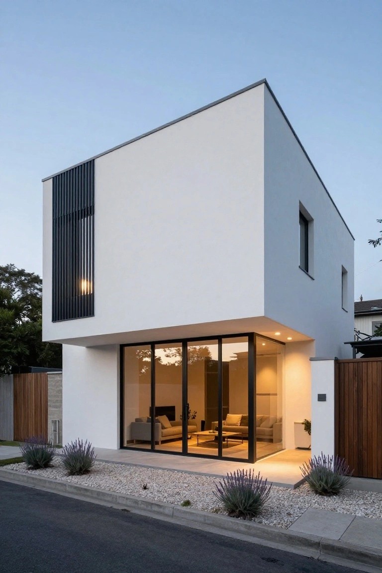 A modern corner house with smooth white plaster walls, black vertical louvers on one side, a large glass corner window showing interior seating, wooden fence and garage door, lavender plants, gravel bed, and street curb at dusk.