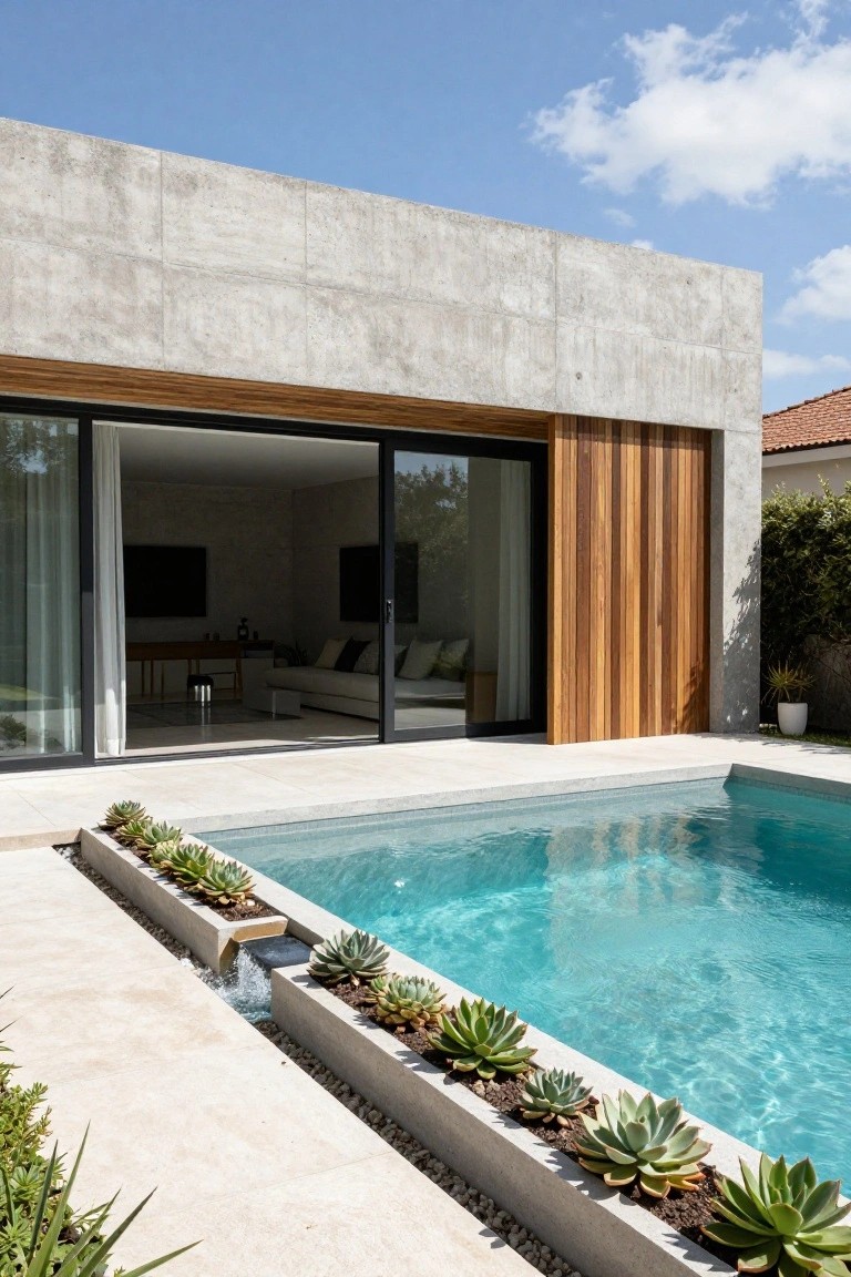 Modern house exterior with exposed gray concrete walls, vertical wooden cladding on one side, large open sliding glass doors revealing an indoor living area, and an adjacent infinity-edge pool lined with succulents in concrete planters.
