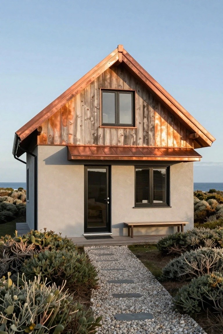 Small coastal house featuring copper roof with reddish patina, vertical weathered wood cladding on upper walls, smooth plaster on lower walls and base, black-framed windows and door, wooden bench beside entry, stone-stepped gravel path, native shrubs, and ocean view in background.