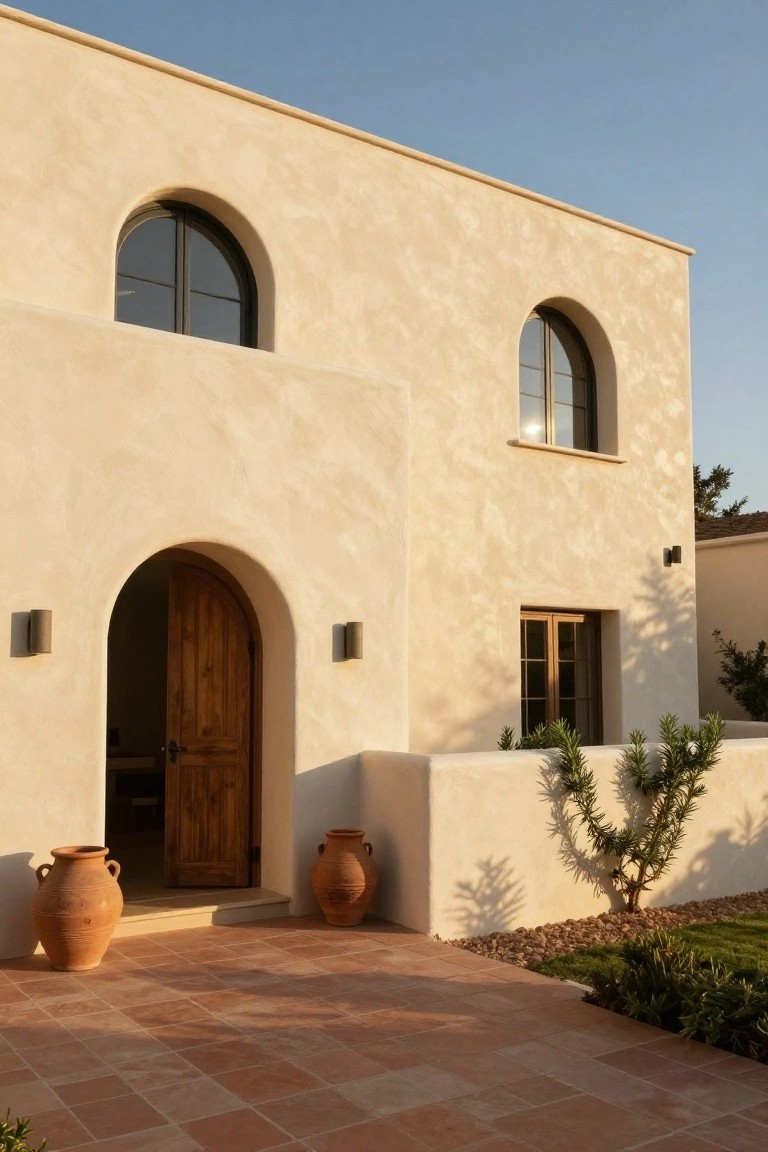Beige stucco house exterior with arched wooden entry door, matching arched black-framed windows, wall lights, two large terracotta pots flanking the door, terracotta tile path, and low wall with shrubs.