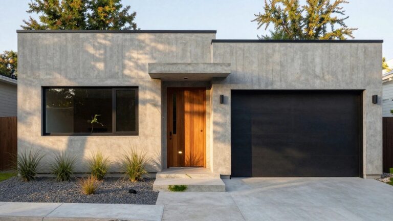 Modern house exterior with light beige textured stucco walls, vertical walnut wood entry door, black metal garage door, slim black-framed window, concrete steps, and sparse landscaping with grasses and pebbles.