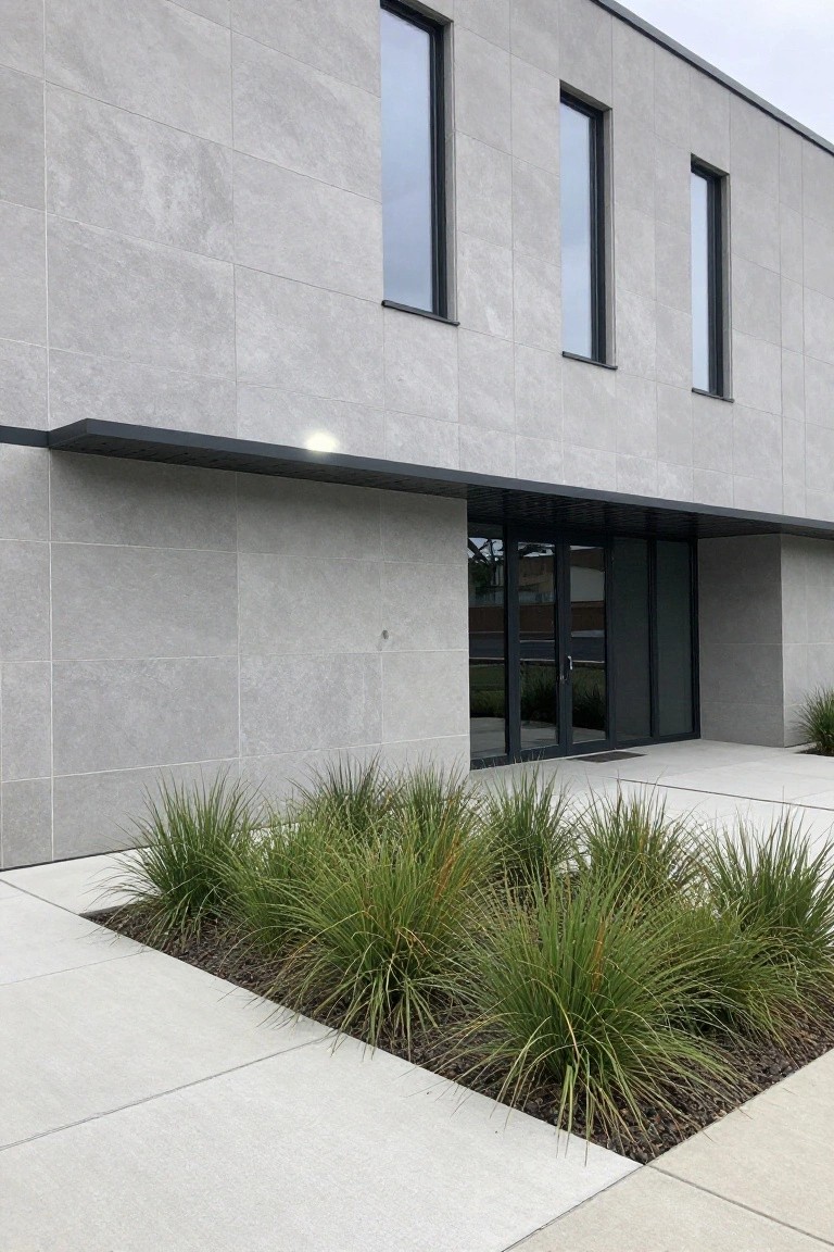 Modern house exterior featuring light gray large-format rectangular tiles on walls, narrow black-framed windows, black metal canopy over glass entry doors, and clumps of tall ornamental grasses in a bed by the concrete path.