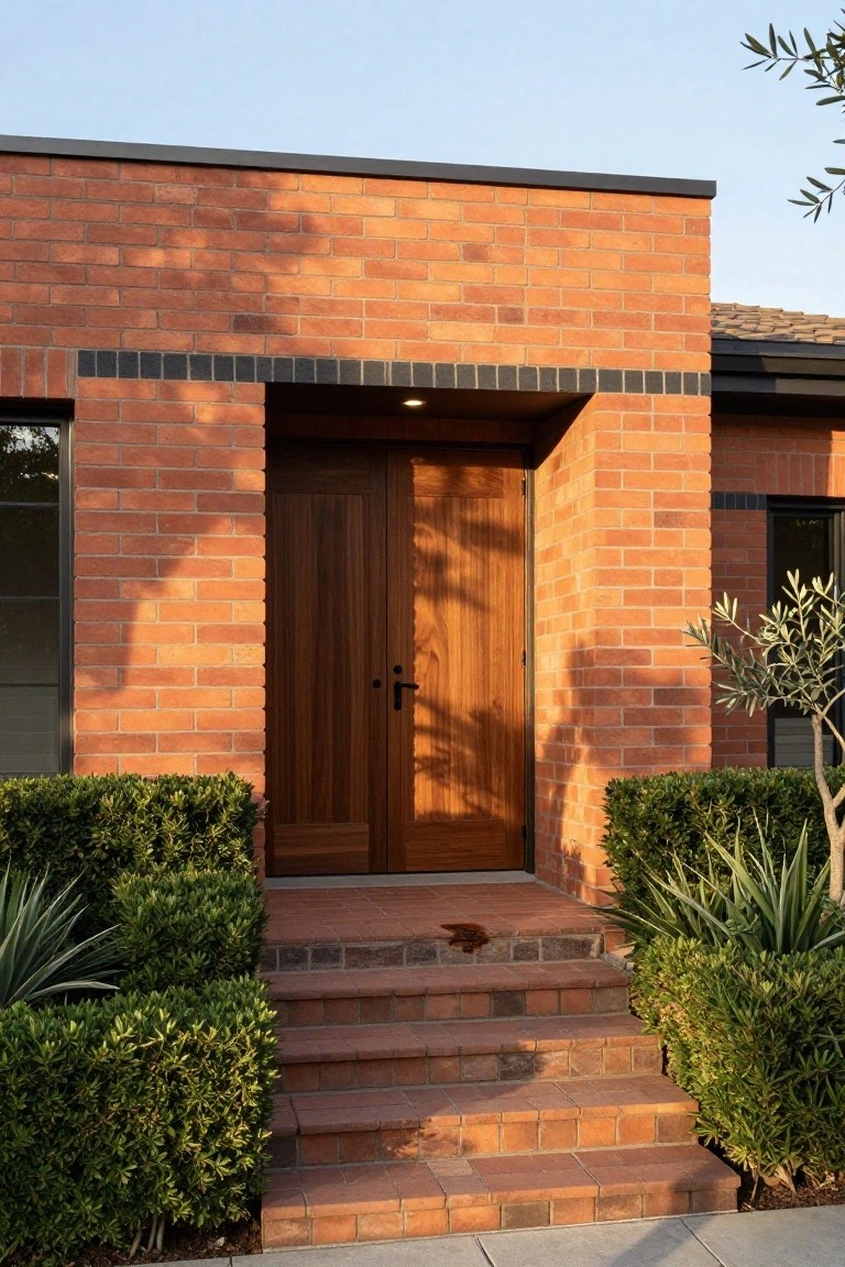 A modern house exterior with red brick walls, black trim details, a recessed double wooden front door with black handles, brick steps leading up to it, flanked by boxwood shrubs and agave plants.