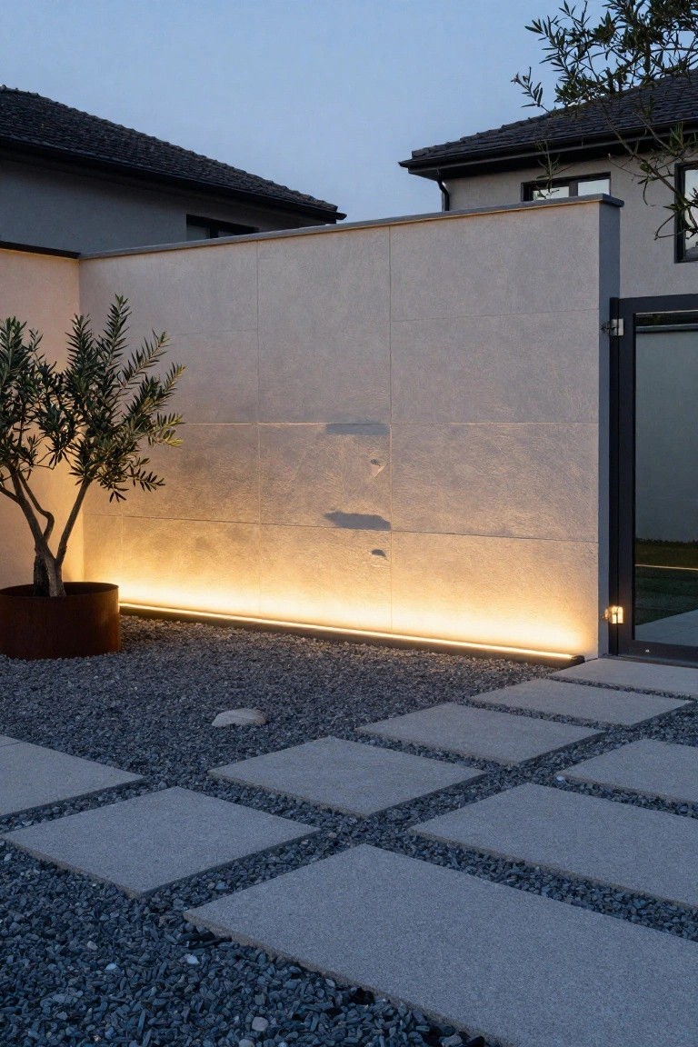 Beige stucco exterior wall with horizontal panel seams and recessed warm LED strip lighting along the base, gravel ground cover with large rectangular concrete pavers, olive tree in rusted metal pot, glass door, and adjacent house at dusk.