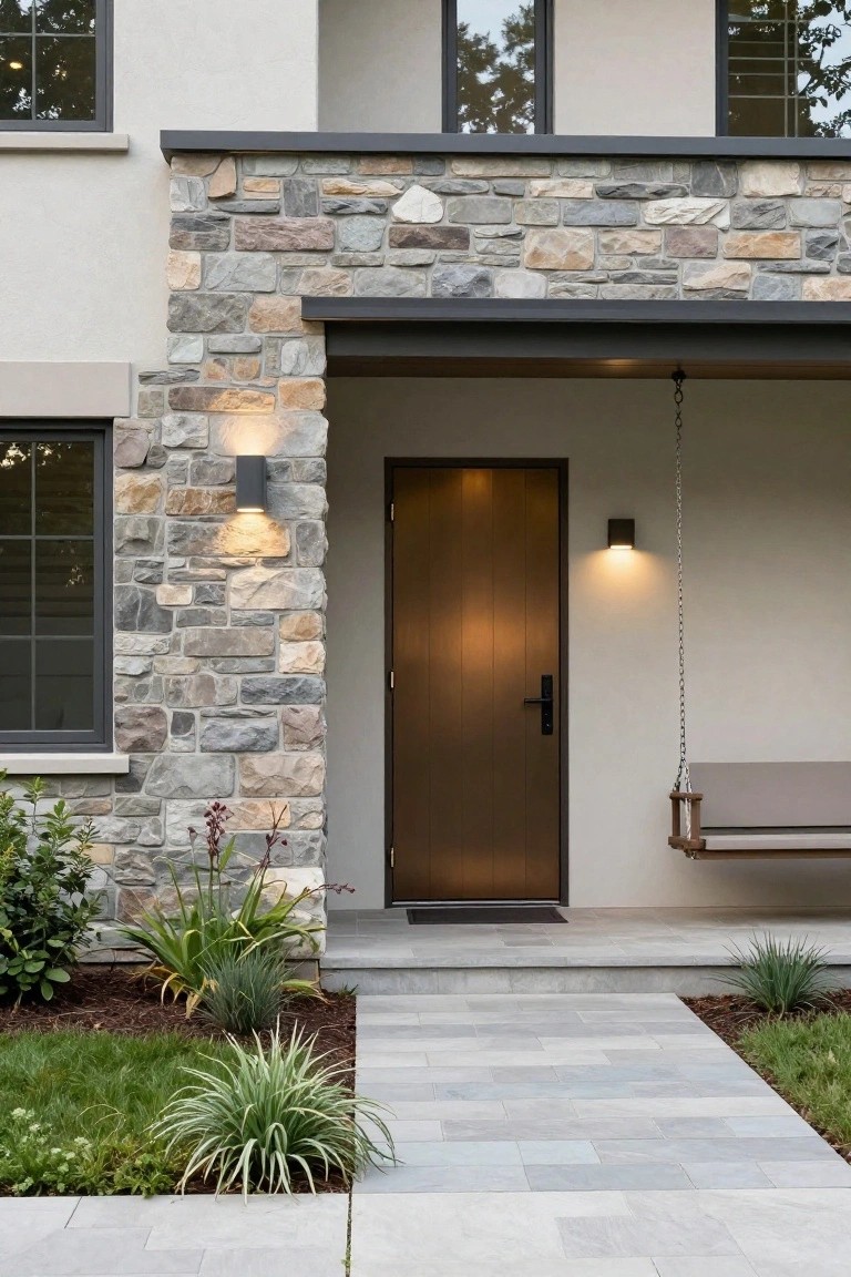 Front entrance of a modern house featuring stacked stone on pillars flanking a wooden door, wall-mounted lights, a porch swing, concrete steps and pathway, and low landscaping with grasses and plants.