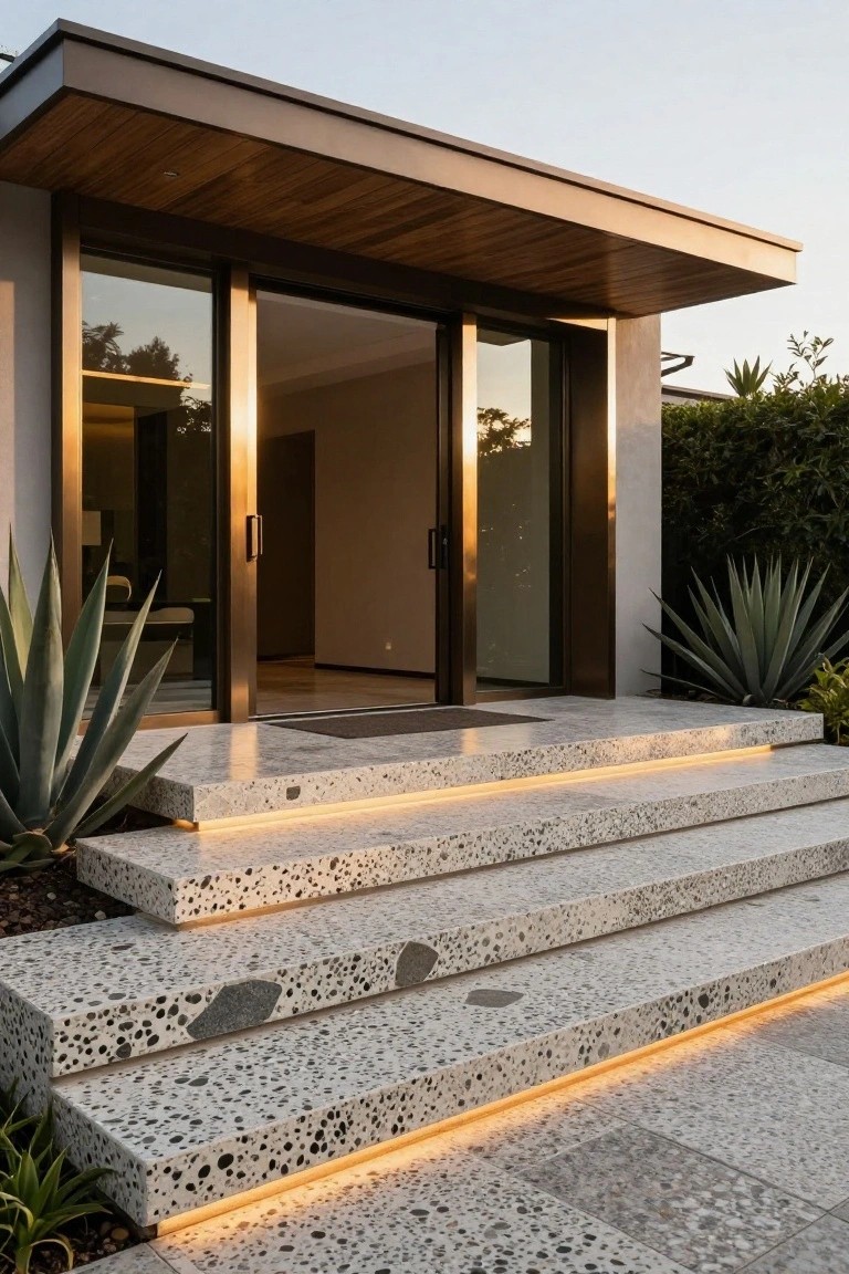 Modern house entrance featuring sliding glass doors under a wooden overhang, flanked by agave plants, with wide terrazzo concrete steps illuminated by LED strips along the edges.