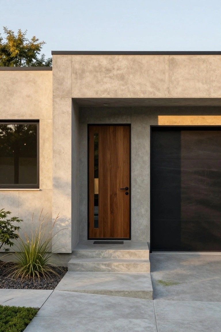 Modern house exterior with light beige textured stucco walls, vertical walnut wood entry door, black metal garage door, slim black-framed window, concrete steps, and sparse landscaping with grasses and pebbles.
