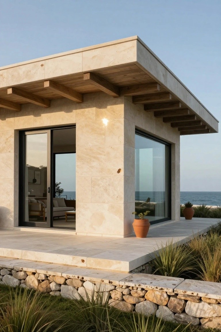 Corner view of a small modern house with light beige travertine stone walls, wooden beam overhang, large floor-to-ceiling glass sliding doors, stone deck, terracotta pots, stone retaining wall, grasses, and ocean view.