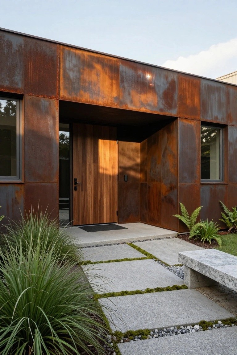 House entrance with vertical corten steel panels on walls, wooden door, narrow windows, concrete pathway with moss-filled pavers, stone bench, and tall grasses and ferns nearby.