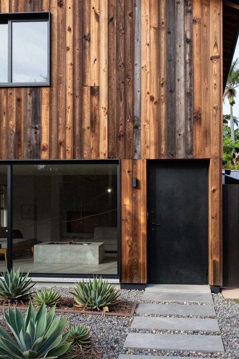 Vertical weathered wood planks cover the exterior wall of a modern house next to a black door, large glass window revealing an indoor fireplace, agave plants, and a stone path with gravel.