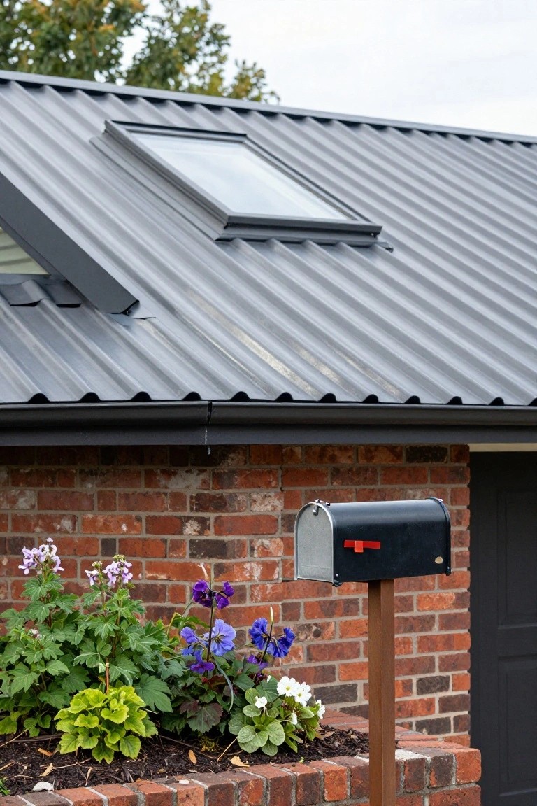 Brick garage wall under dark corrugated metal roof with skylight, raised planter bed of colorful flowers and plants, black mailbox on wooden post, and closed black garage door.