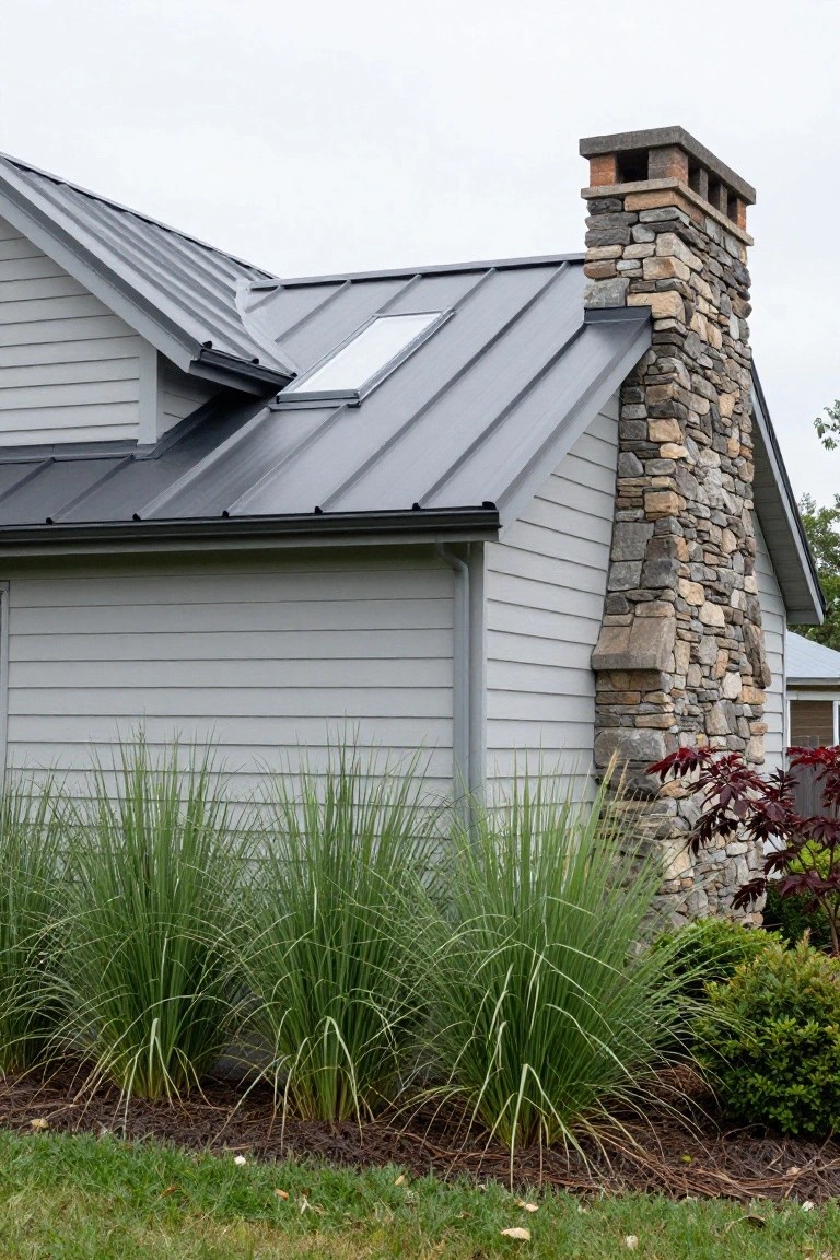 Side view of a light gray clapboard house featuring a dark gray standing seam metal roof, a tall stacked stone chimney, a skylight on the roof, and tall ornamental grasses with shrubs and mulch at the base near a lawn.