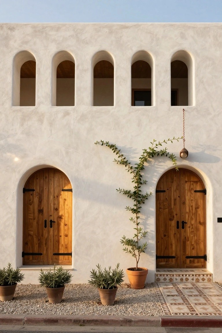 White stucco house facade with four upper arched windows, two ground-level arched double wooden doors with black iron hardware, potted plants, trailing vines, copper lantern, and tiled entry steps on gravel.