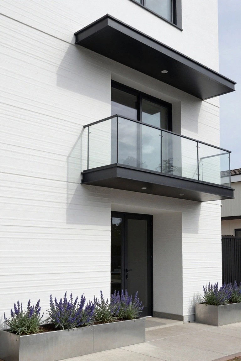 White stucco house exterior featuring horizontal board-style finish, black metal balcony with glass railing above a black entry door, flanked by metal planters with lavender plants on a concrete walkway.