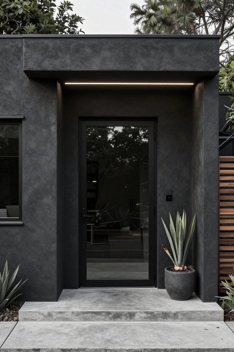 Modern house entrance with matte black textured stucco walls, frameless glass front door, narrow side window, potted agave plants, LED light strip above door, wooden slat screen, and concrete steps.