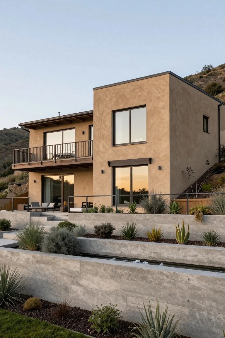 Two-story modern house with beige stucco exterior, wooden balcony, large glass windows and doors, concrete retaining walls with succulents, and hillside landscaping at dusk.