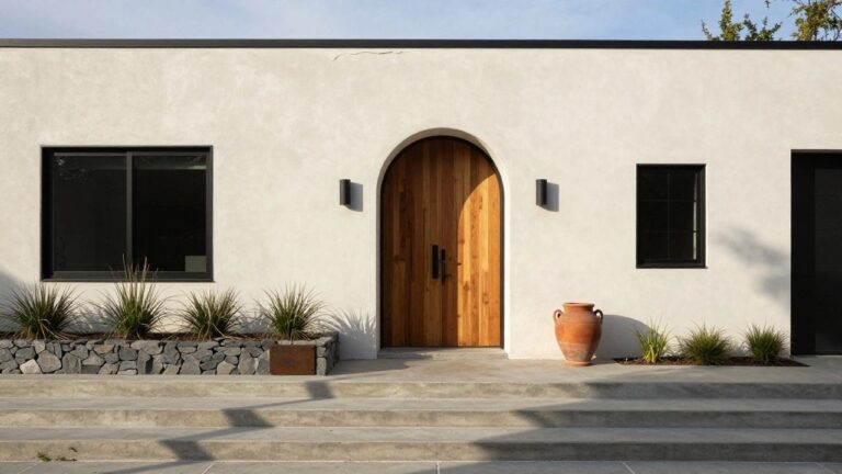 White stucco house exterior with a tall vertical-plank wooden door under a rounded archway, black-framed grid window to the left, rusted metal house number plaque, concrete steps with agave plants, rocks, and a terracotta pot.