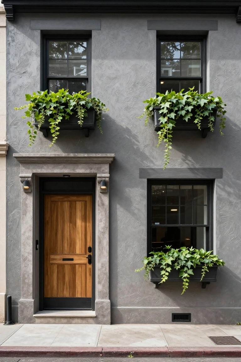 Narrow three-story townhouse facade with light gray textured stucco walls, black-framed windows, wooden front door in a stone archway, and black window boxes filled with trailing ivy plants.
