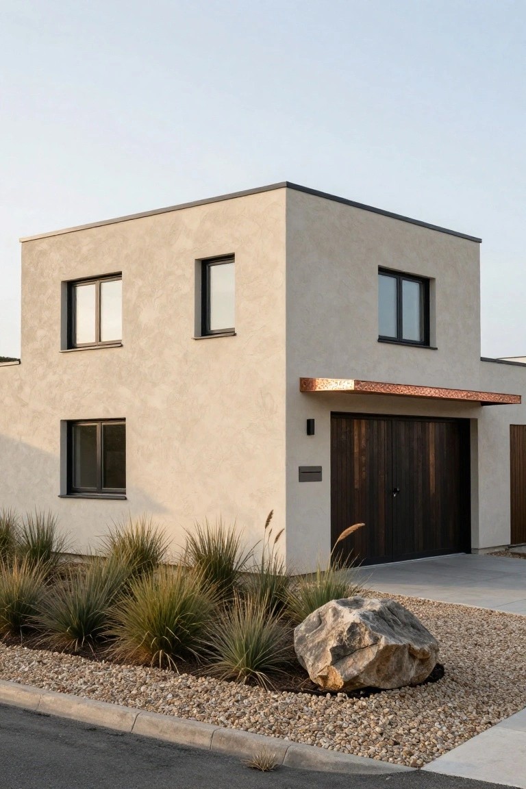 Corner view of a modern two-story house with light beige stucco walls, black-framed windows, copper awning over dark wood garage door, and gravel landscaping with ornamental grasses and a large boulder.