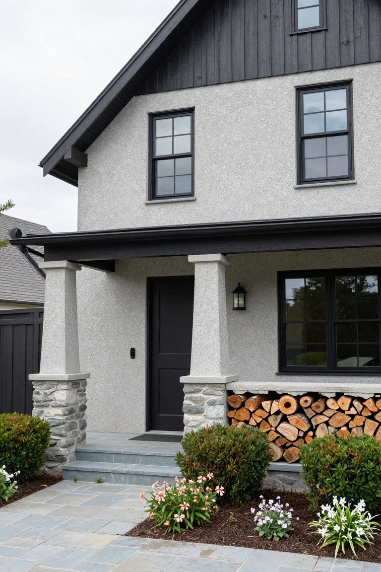 Front view of a two-story house with light gray textured stucco siding, black-framed windows and door, covered porch on stone pillars, stacked firewood beside the entry, and low shrubs with flowers along a stone path.