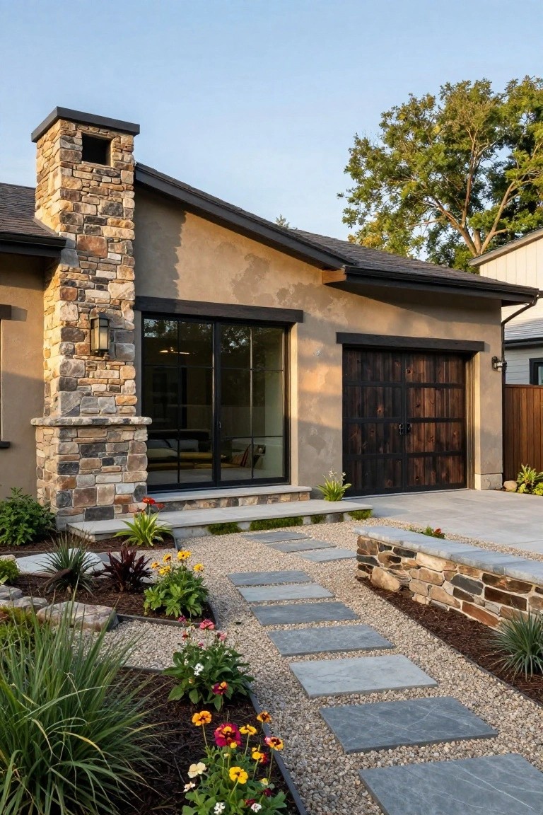 Modern stucco house exterior with a tall stacked stone chimney and pillar, dark wood garage door, large glass sliding doors, concrete steps, and a gray paver pathway edged by gravel, plants, and low stone walls.