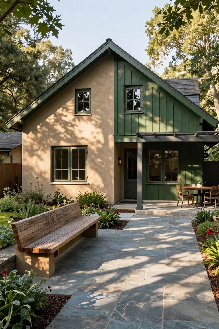 House exterior with beige stucco wall on the left half and dark green vertical board-and-batten siding on the right half under a gabled roof, featuring a covered entry porch, stone slab pathway, wooden bench, patio table and chairs, and low plantings along the front.