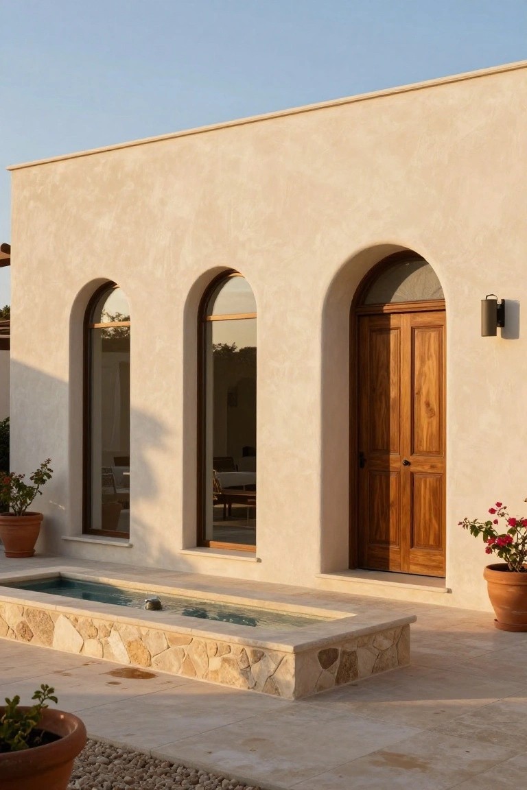 Beige stucco house exterior with three tall arched openings, two as windows and one as a wooden double door with wall light, potted plants, stone fountain, and tiled patio.